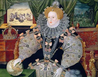 The ‘Armada Portrait’, painted 1588. Elizabeth c55 years old. Unknown artist (National Gallery).